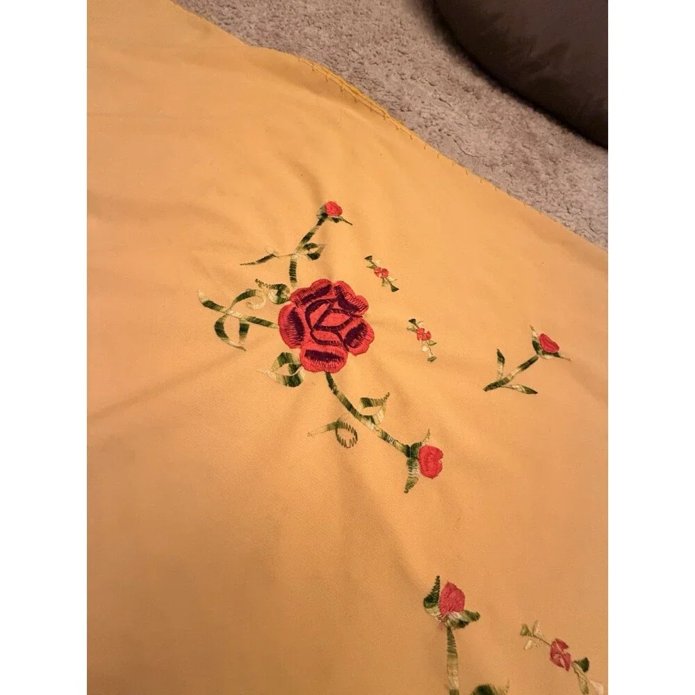 Vintage Handmade Crochet Embroidered Floral Yellow Shawl Wrap Mexican 75 X 33 C1